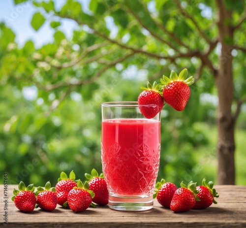 Strawberry juice in a glass and fresh strawberries on a wooden table