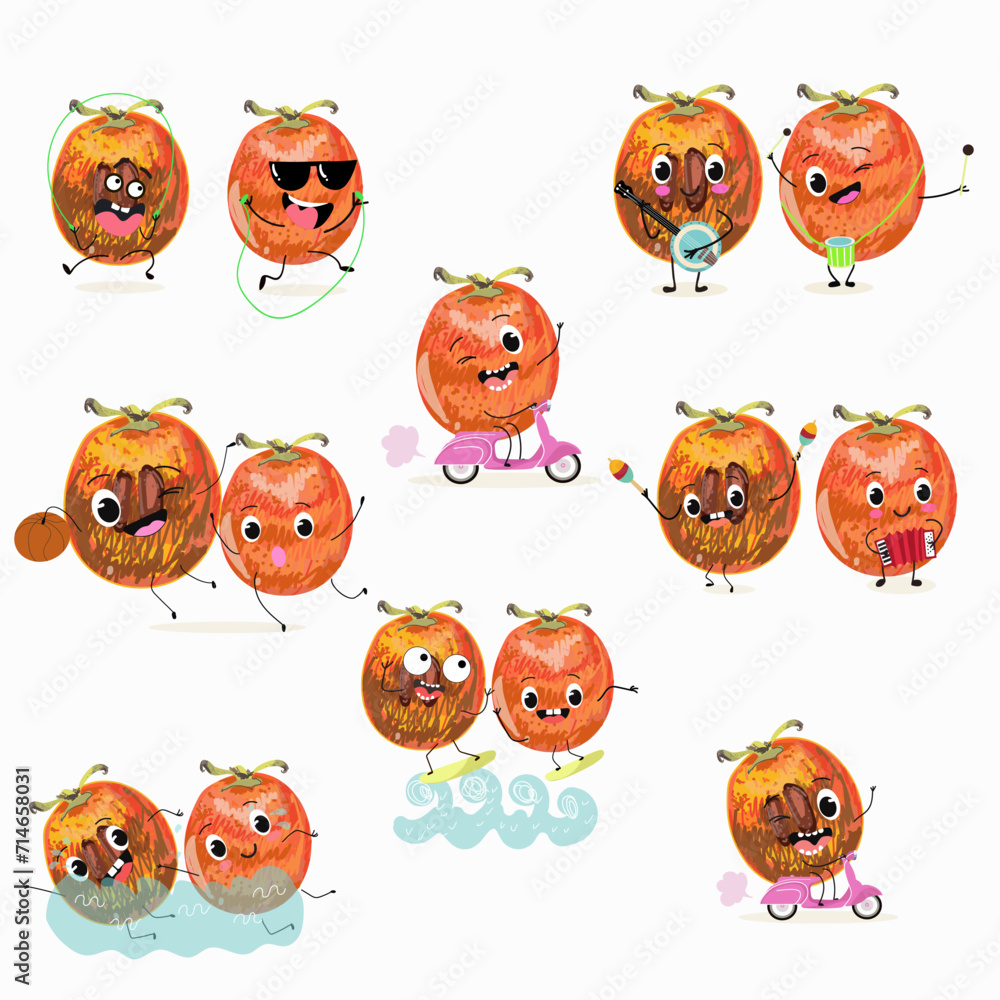 Cute cartoon persimmon characters set, collection. Flat vector illustration. Activities, playing musical instruments, sports, funny fruits, berries, berry. Cute cartoon persimmon characters set, collection. Flat vector illustration. Activities, playing musical instruments, sports, funny fruits, berries, berry.