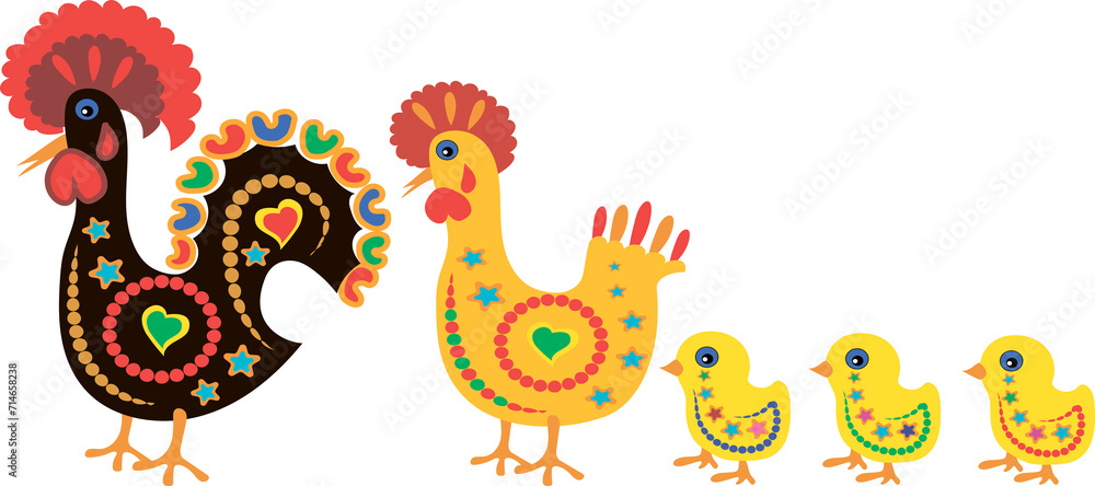 Bright cartoon rooster, hen and chicks. Print for T-shirt, fabric. Illustration on a transparent background. 