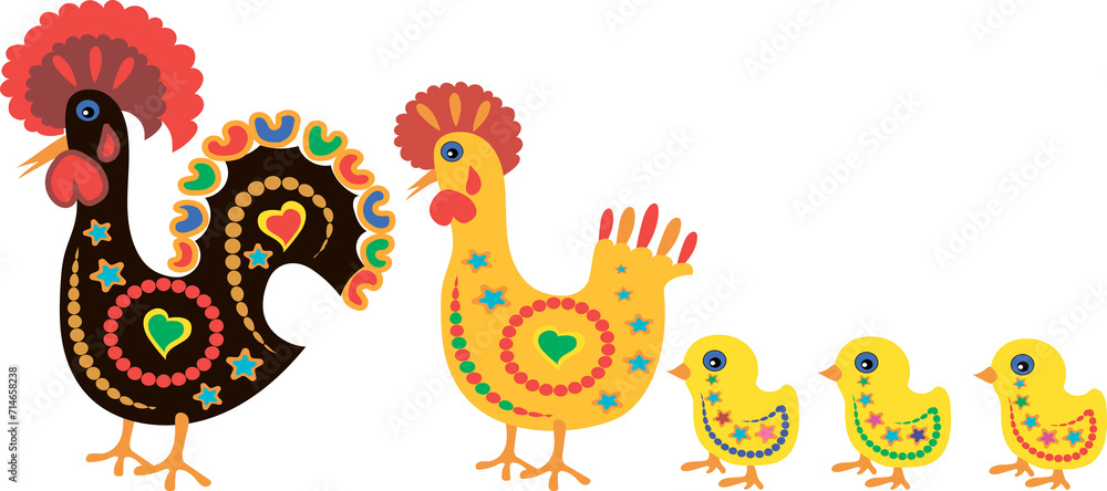 Bright cartoon rooster, hen and chicks. Print for T-shirt, fabric. Illustration on a transparent background. Bright cartoon rooster, hen and chicks. Print for T-shirt, fabric. Illustration on a transparent background.