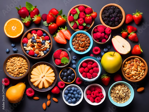 Selection of healthy food. Balanced diet food. Superfoods  various fruits and assorted berries  nuts and seeds  fruit  vegetable. ai