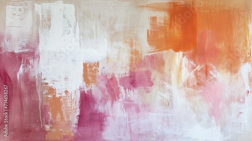Contemporary abstract painting on canvas  warm orange  brown and pink hues contrast with subtle textures.