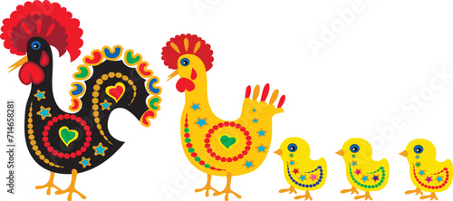 Bright cartoon rooster, hen and chicks. Print for T-shirt, fabric. Illustration on a transparent background. Vector.
