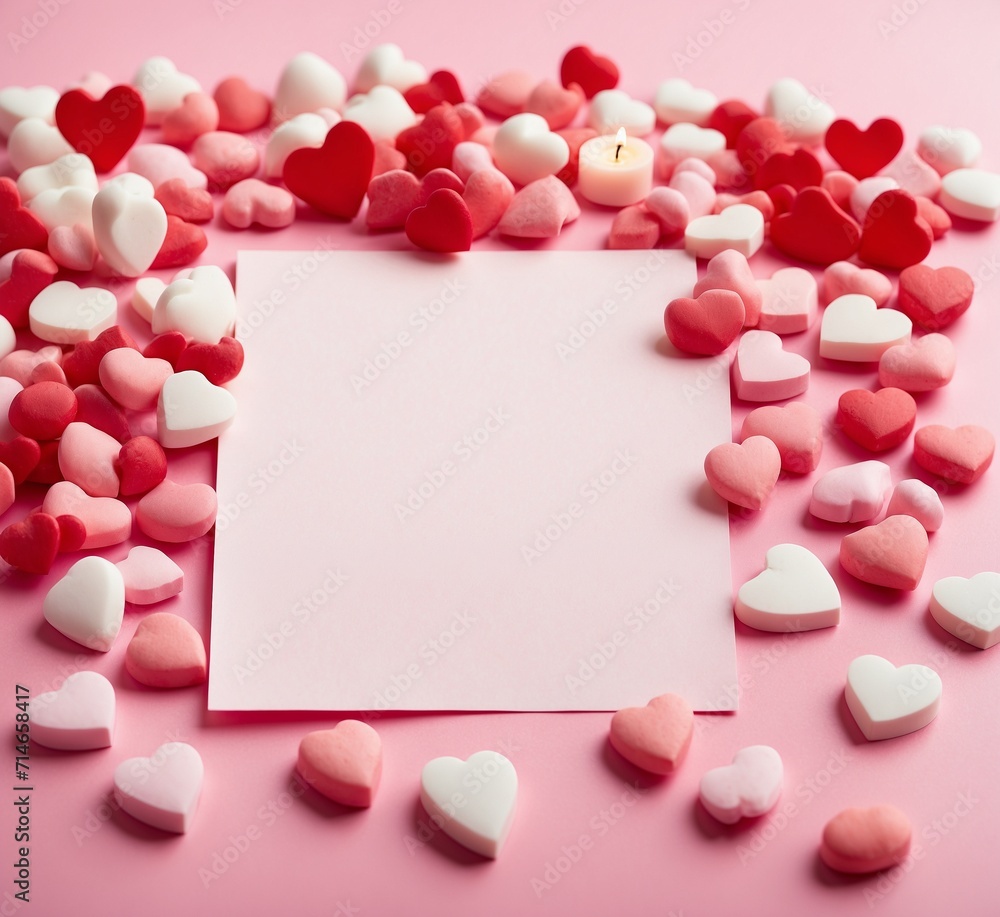 Valentine's Day background with red hearts on a wooden table.