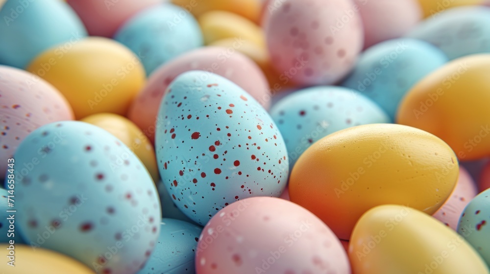  a pile of eggs with speckles and colors of blue, yellow, pink, orange, and white eggs in the middle of the eggs are speckled with speckles.