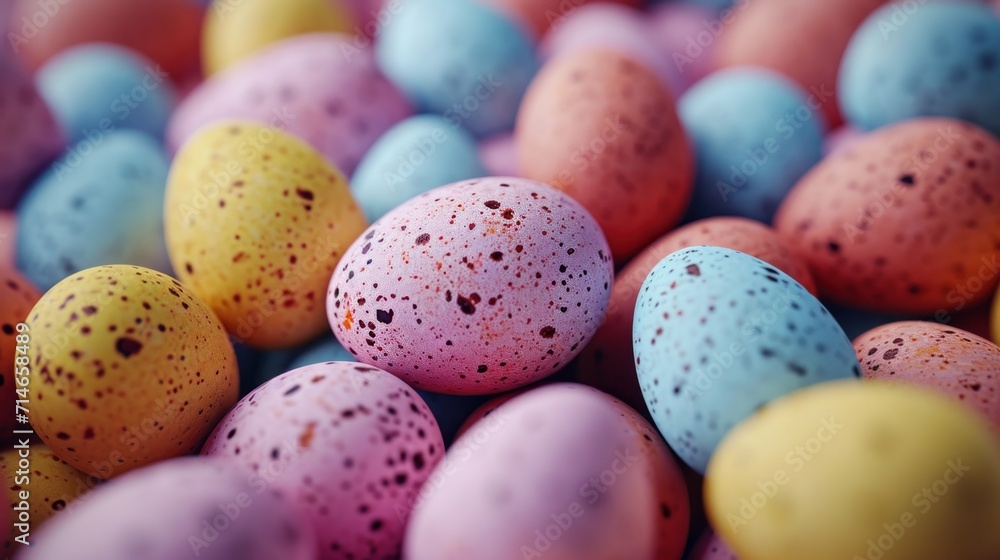 a pile of colorful speckled eggs sitting on top of a pile of other colored speckled eggs on top of a pile of other colored speckled speckled eggs. a pile of colorful speckled eggs sitting on top of a pile of other colored speckled eggs on top of a pile of other colored speckled speckled eggs.