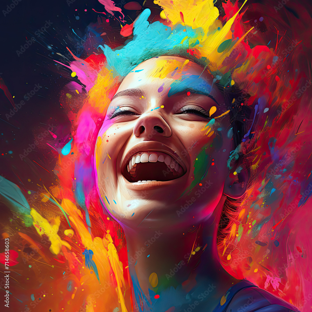 woman laughing as her mind explodes with colourful creativity