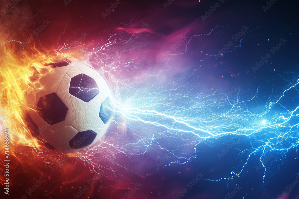 Fototapeta premium soccer ball with flames and lightning flying on night sky, blue and purple background