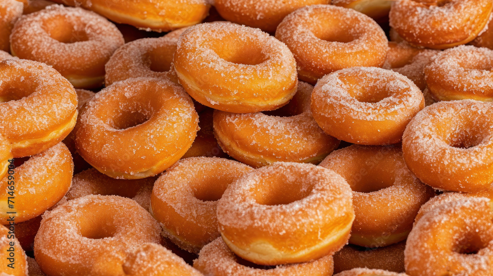  a pile of sugar covered donuts sitting on top of a table next to a pile of other donuts on top of a table next to each other donuts.