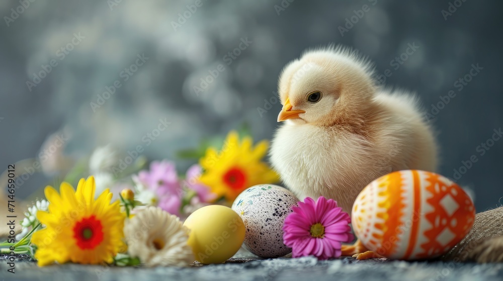 Easter composition with a soft chick stands among speckled Easter eggs nestled in white spring flowers, with a tranquil gray backdrop. Easter card with copy space Easter composition with a soft chick stands among speckled Easter eggs nestled in white spring flowers, with a tranquil gray backdrop. Easter card with copy space