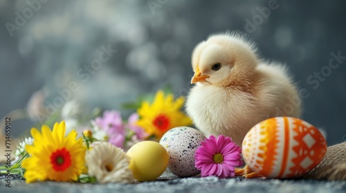Easter composition with a soft chick stands among speckled Easter eggs nestled in white spring flowers, with a tranquil gray backdrop. Easter card with copy space