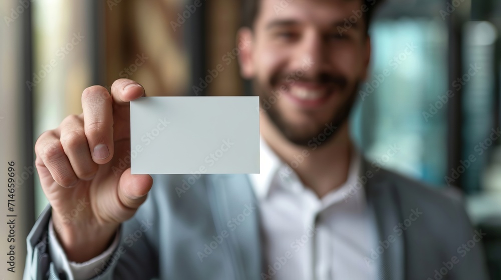 businessman holding a blank business card businessman holding a blank business card