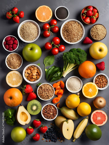 Selection of healthy food. Balanced diet food. Superfoods, various fruits and assorted berries, nuts and seeds, fruit, vegetable. ai