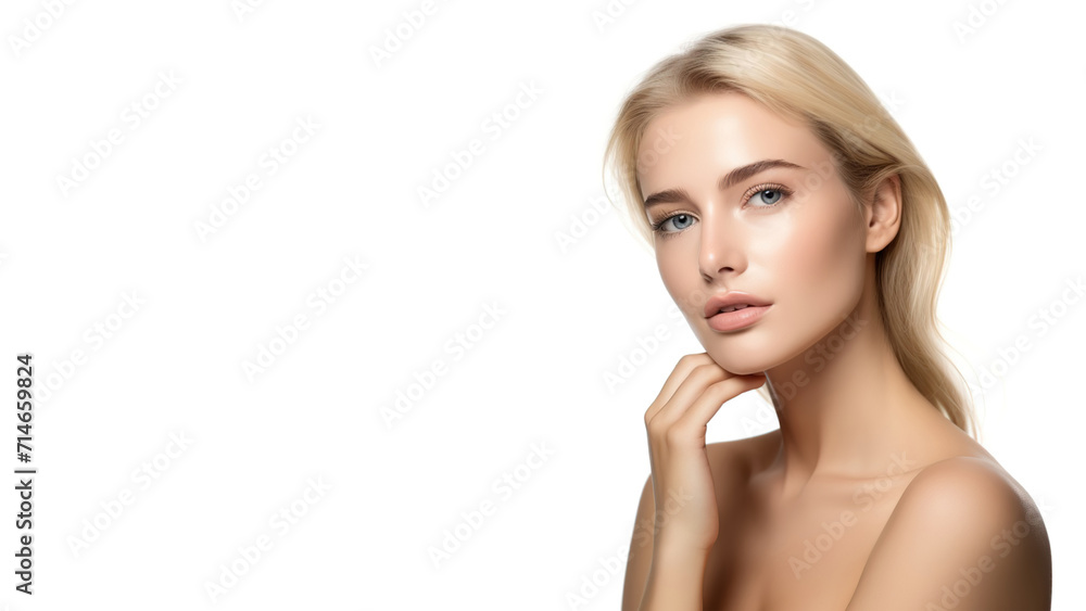 Beautiful Young Blond Woman with Perfect Skin touching her face. Facial treatment. Cosmetology, beauty and spa concept. Isolated on white background with copy space Beautiful Young Blond Woman with Perfect Skin touching her face. Facial treatment. Cosmetology, beauty and spa concept. Isolated on white background with copy space
