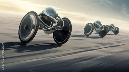 A sleek silver racing wheelchair race.