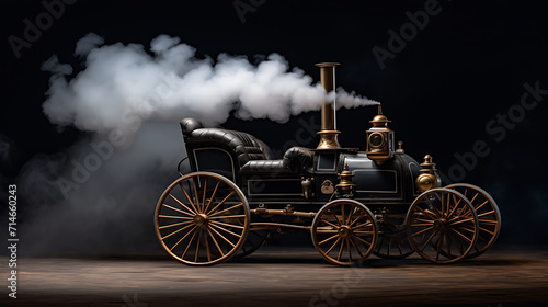 A vintage black and white steam-powered car from the 1800s.