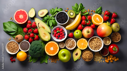 Selection of healthy food. Balanced diet food. Superfoods, various fruits and assorted berries, nuts and seeds, fruit, vegetable. ai