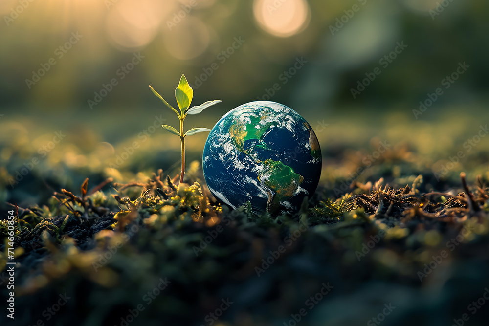 Global Earth On Soil In Forest With Ferns And Sun Shine Global Earth On Soil In Forest With Ferns And Sun Shine