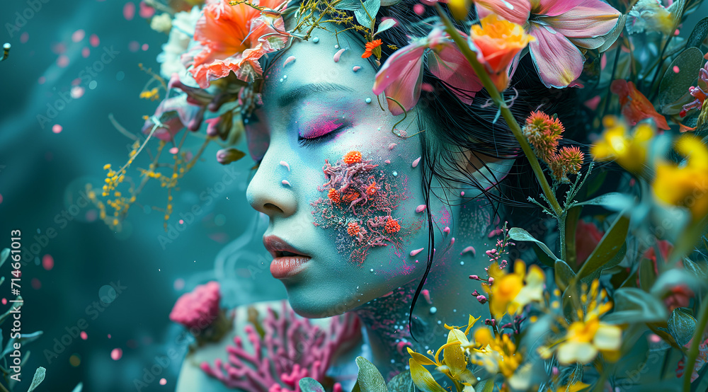 Young Woman with Artistic Makeup and Flowers, Glamour Fashion Set, Flourishing, Natural Organic Beauty. Wellness, Mindfulness, Sensuality. Connection to the Environment, Sustainability, Balance. 