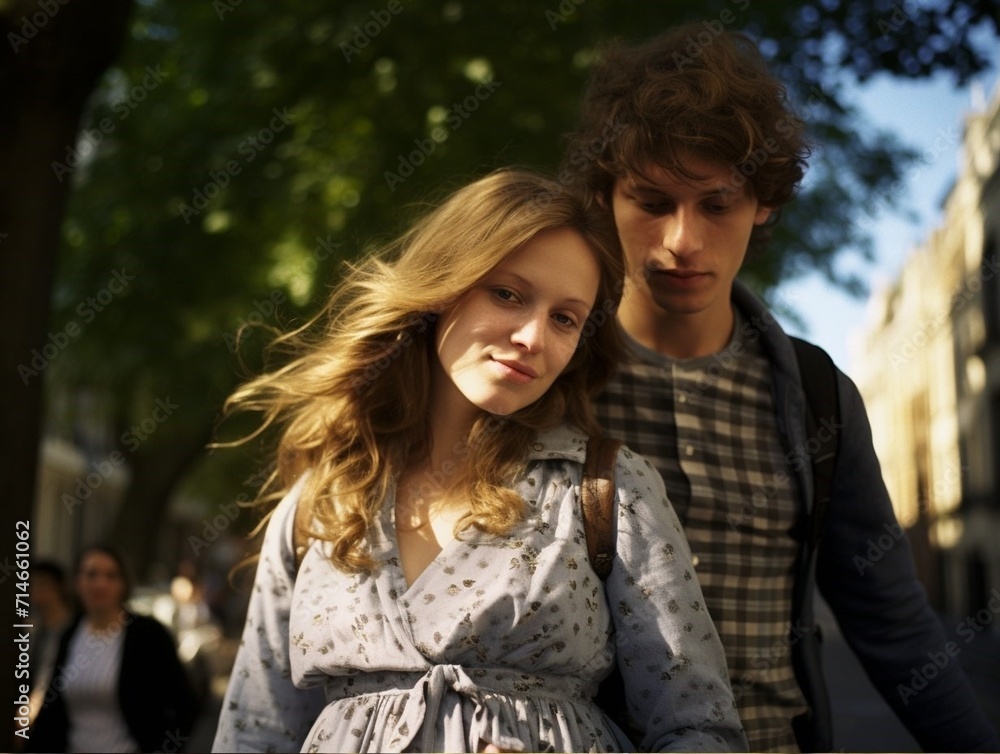 a young pregnant girl, with a frightened look, and a young man carefully holding her hand, street style, walk along the alley of a park bathed in the spring sun