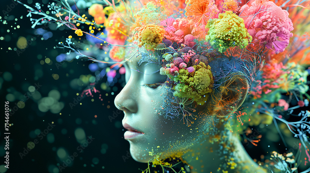 Young Woman with Artistic Makeup and Flowers, Glamour Fashion Set, Flourishing, Natural Organic Beauty. Wellness, Mindfulness, Sensuality. Connection to the Environment, Sustainability, Balance. Young Woman with Artistic Makeup and Flowers, Glamour Fashion Set, Flourishing, Natural Organic Beauty. Wellness, Mindfulness, Sensuality. Connection to the Environment, Sustainability, Balance.