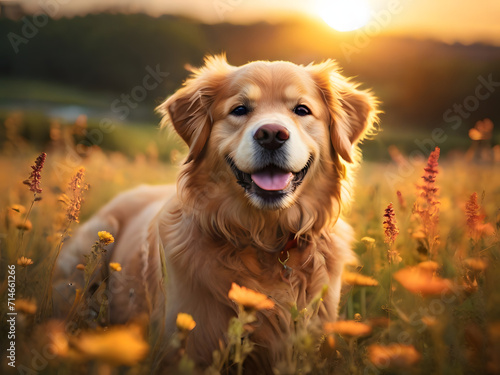 A dog in a field of flowers