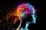 Colourful human brain cognitive Power, 3D Rendered illustrative ai artwork, thoughtful motley brain plasticity and brain waves in color dust, thoughtful neural circuit at brain training and learning