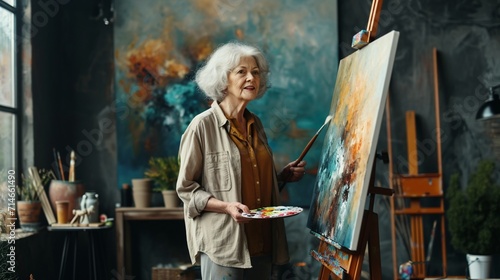 Elderly cheerful artist woman 50 years old wears casual clothes stand near easel with painting artwork paint hold palette with brush spend free spare time in living room indoor. Leisure hobby concept. photo