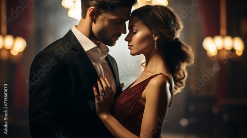 Graceful shots of a couple engaged in a formal ballroom dance, dressed in elegant attire, highlighting the sophistication of love © Sladjana