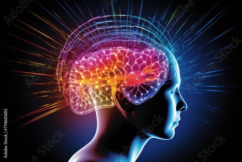 Colourful human brain cognitive Power, 3D Rendered illustrative ai artwork, thoughtful motley brain plasticity and brain waves in color dust, thoughtful neural circuit at brain training and learning