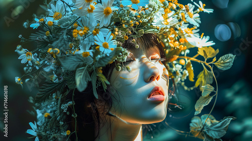 Young Woman with Artistic Makeup and Flowers, Glamour Fashion Set, Flourishing, Natural Organic Beauty. Wellness, Mindfulness, Sensuality. Connection to the Environment, Sustainability, Balance. 