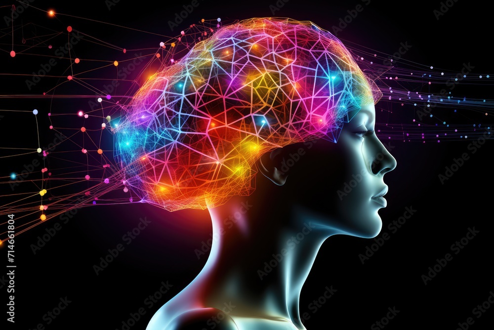 Colourful human brain cognitive Power, 3D Rendered illustrative ai artwork, thoughtful motley brain plasticity and brain waves in color dust, thoughtful neural circuit at brain training and learning