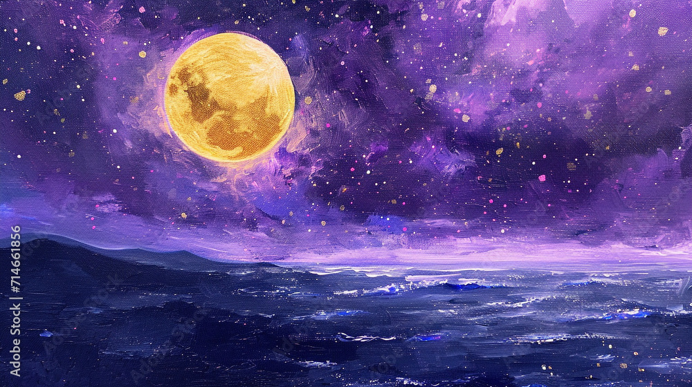 夜空に輝く満月と星と海の背景画　Generative AI - obrazy, fototapety, plakaty 