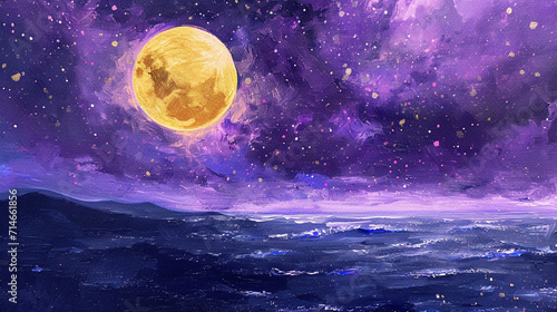 夜空に輝く満月と星と海の背景画　Generative AI photo