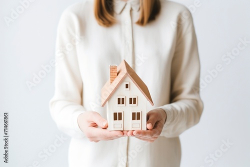 Woman holding wooden house model on white background. Real estate concept.