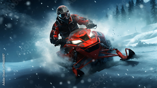 An image of a red snowmobile racing on a snowy trail.