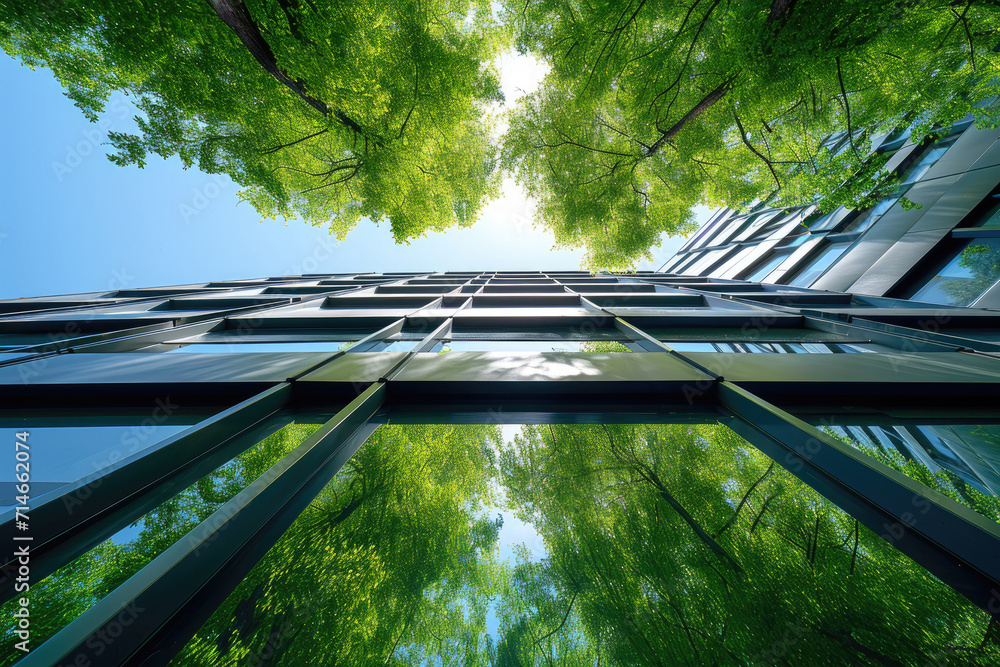 View of green office. Eco-friendly building in the modern city. Sustainable ...