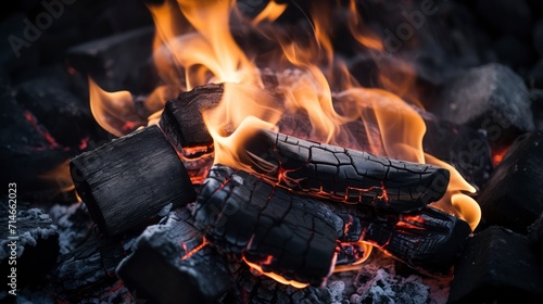 Burning firewood in a campfire, close-up.