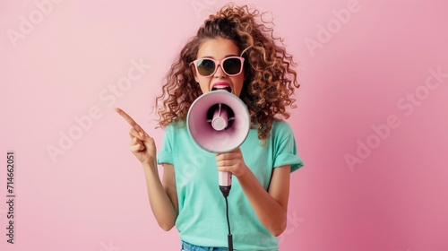 Exultant happy vivid young curly latin woman 20s wear mint t-shirt sunglasses hold scream in megaphone announces discounts sale Hurry up isolated on plain pastel light pink background studio portrait photo