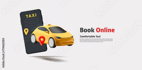Yellow cab taxi car float in air in front of their smartphones, online taxi services by application on smartphones, black and yellow with red pin
