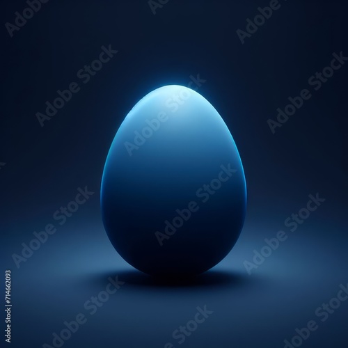 Blue luminous Easter egg isolated on a navi blue background. Easter holiday concept in minimalism style. Fashion monochromatic composition. Web banner with copy space for design.