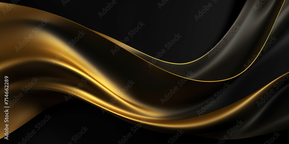 Obraz premium Abstract background with realistic golden and black wavy fluid shape. Interwined gold stripes. Generative AI