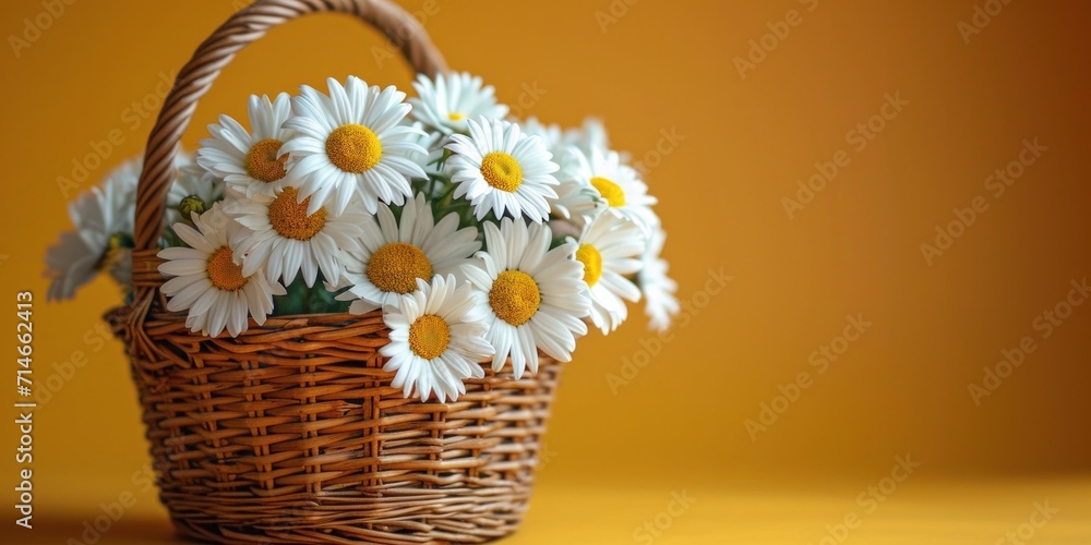 A rural charm emanates from a white daisy bouquet in a wicker basket against a studio backdrop.