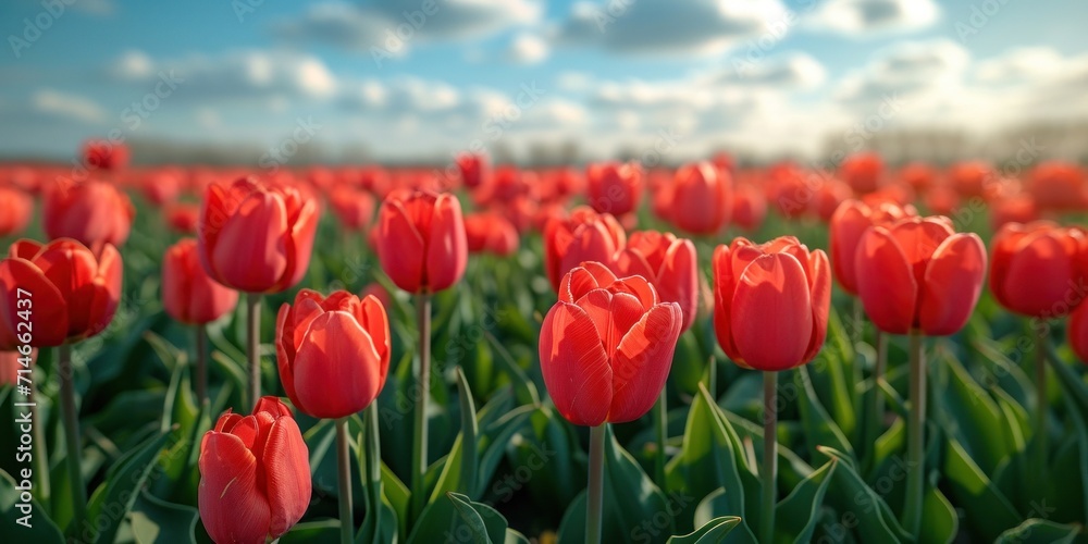Obraz premium A majestic tulip farm bathed in sunlight, showcasing the vibrant beauty of spring in the countryside.
