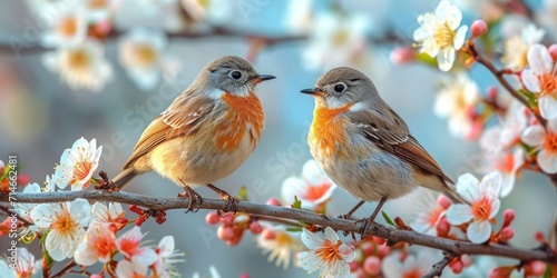 A lovely pair of little sparrows perched on a blossom-laden branch in a serene garden. photo