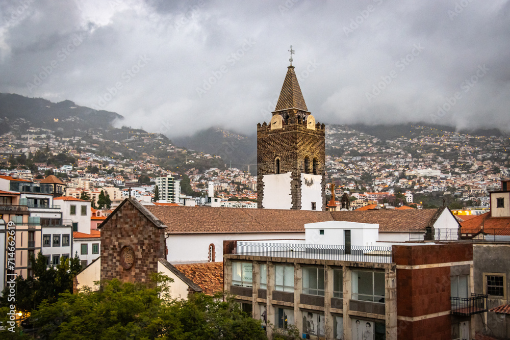 view over old town of funchal, madeira, cathedral, early morning light, portugal