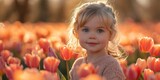 In a warm and sunny tulip field, an adorable toddler enjoys the beauty of spring.