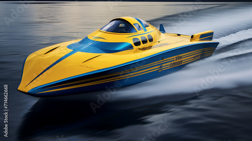 A blue and yellow hydroplane boat racing on a lake.
