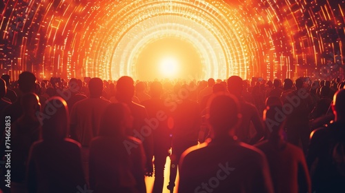 Virtual Concert Experience: Audiences Enjoying a Digital Music Festival at Sunset