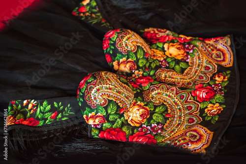 Ethnic embroidered corset, flowers details. Concept of beauty Slavic women, Boho style 